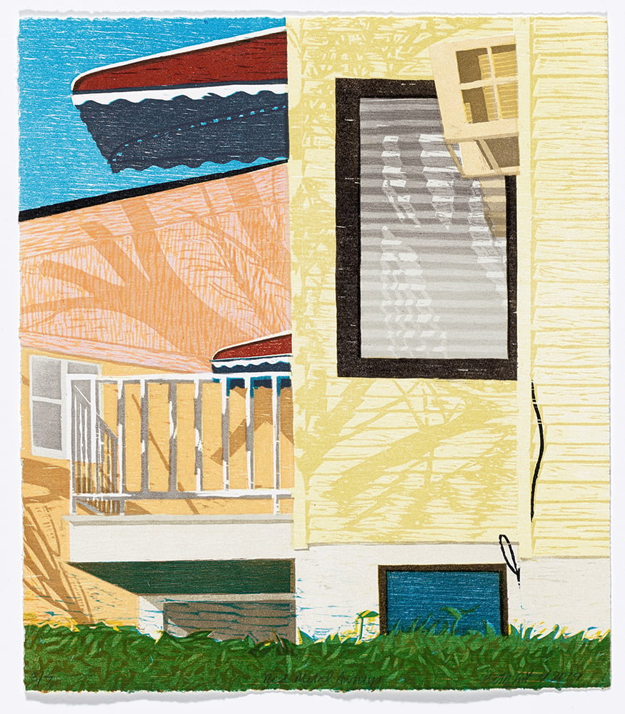 A woodcut of the side of a house with red metal awnings and shadows of trees.