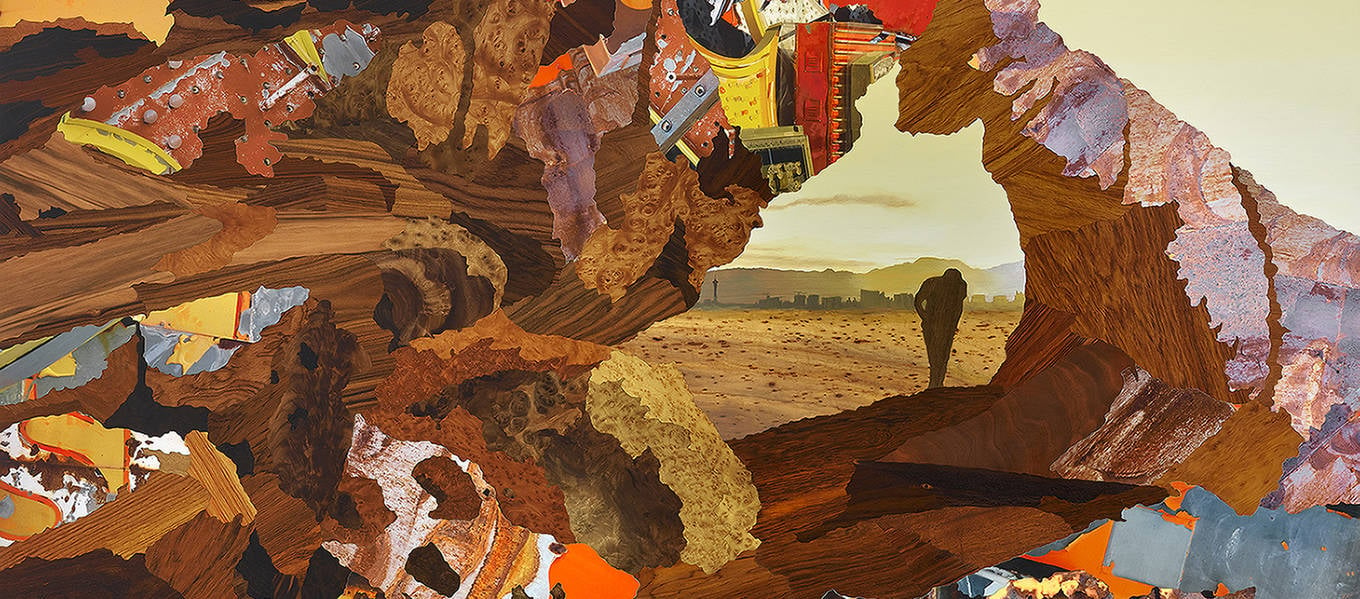 A person walks through a mountain landscape of multiple collaged orange and brown colors.